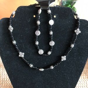 Versatile black bead and pewter accent jewelry set